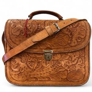Sergio Collection Vintage 80s 90s Hand Tooled Leather Crossbody Briefcase Satche